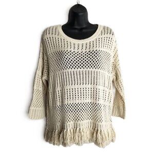 Lovestitch Open Knit Fringe Sweater Small Cream Crochet Boho Relaxed Fit